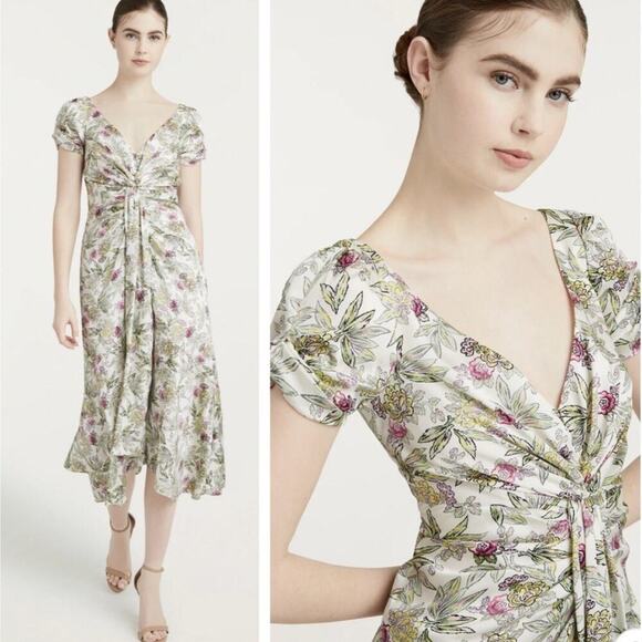 Cinq A Sept Walker Floral Midi Dress 8 Asymmetrical v-neck short sleeves Ivory - Picture 3 of 13